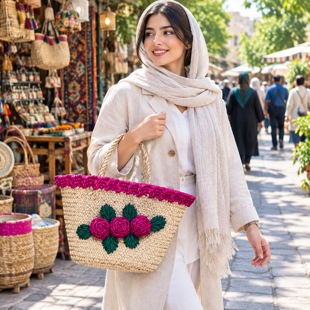 زنبیل حصیری گل دار دور چین صورتی
